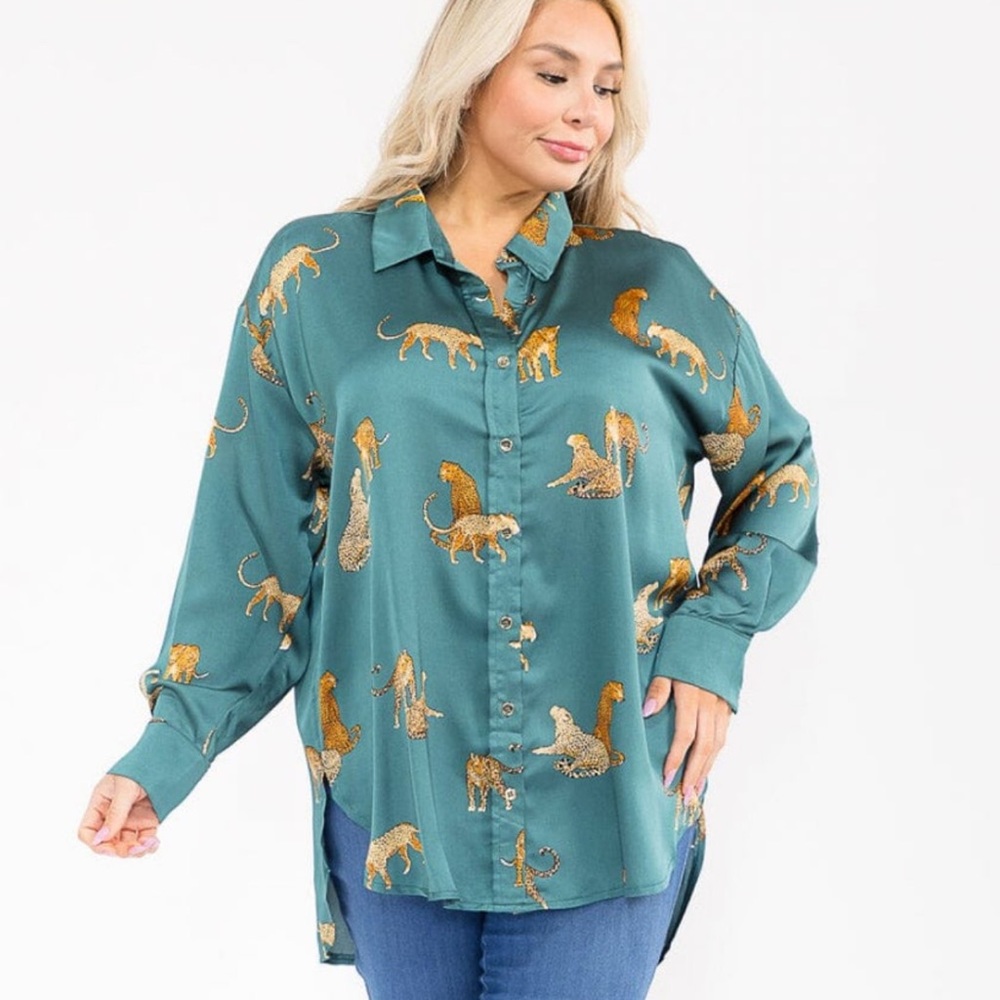 Teal Leopard Print Button-Up Shirt - Women's Long Sleeve Top